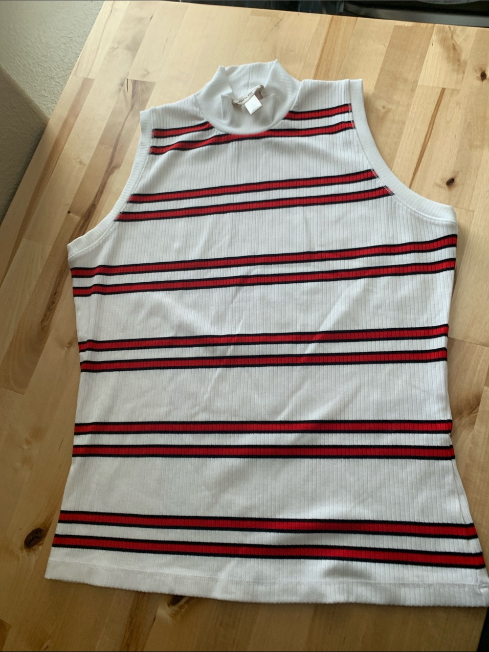 Banana Republic White Ribbed Mock Neck Tank with Red & Black Stripes. NWOT